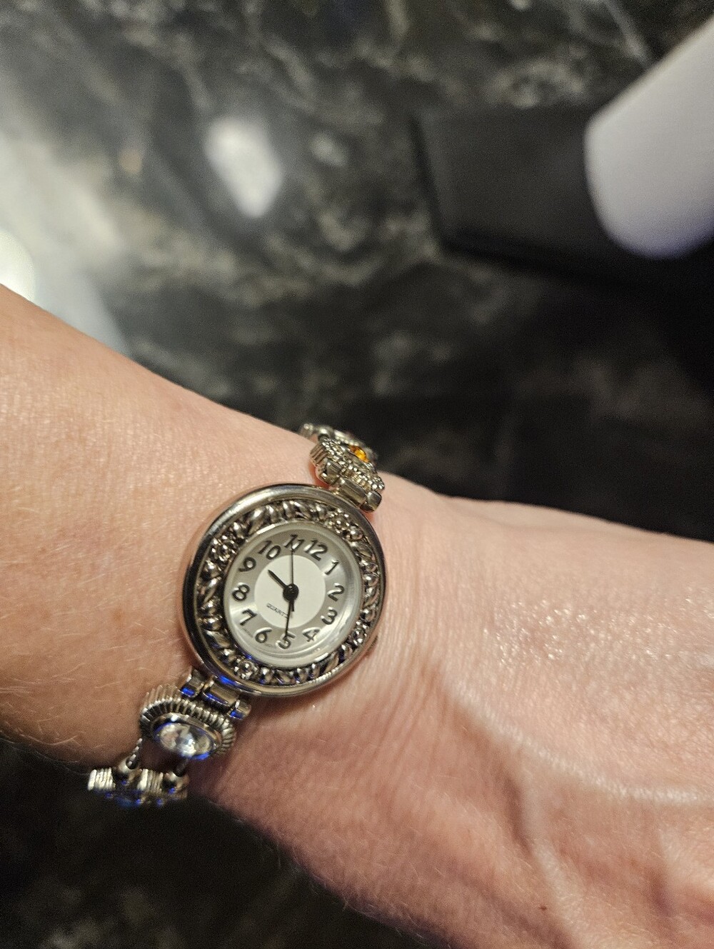 Vintage Ornate Slide Charm Bracelet Watch Silvertone Jeweled Japan Movt